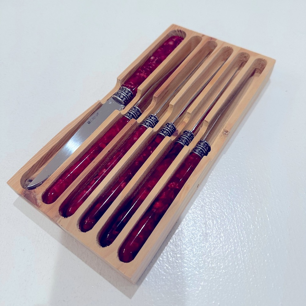 Vintage! Lorena Steak Knives Set Of 6 With Case Redish Marble looking